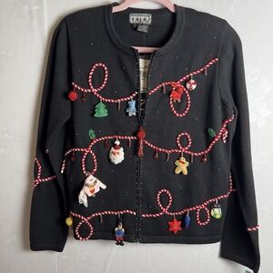 Vintage 90's Berek Christmas Cardigan Sweater Full Zip Size S Amazing Ornaments‎